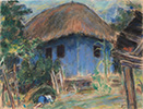 Blue house with thatched roof