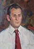 Portret de bărbat cu camașă albă si cravată roșie