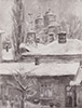 Peisaj din Iași sub zăpadă cu biserica Golia