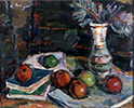 Still life with apples and books