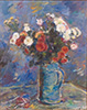 White and red chrysanthemums in a blue vase with a handle